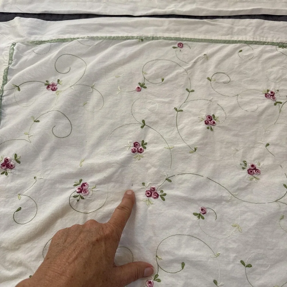2 White Standard Shams Pillow Case Carnation Floral Embroidered Cottage Core